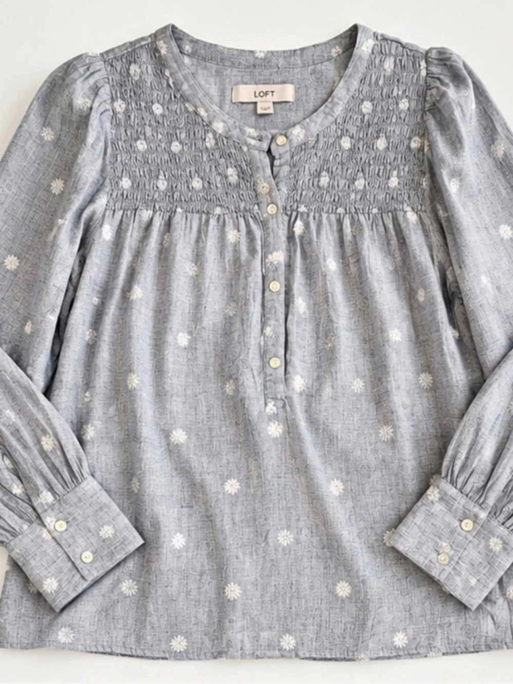 LOFT Blue Chambray Embroidered Smocked Blouse Size Large | Like New